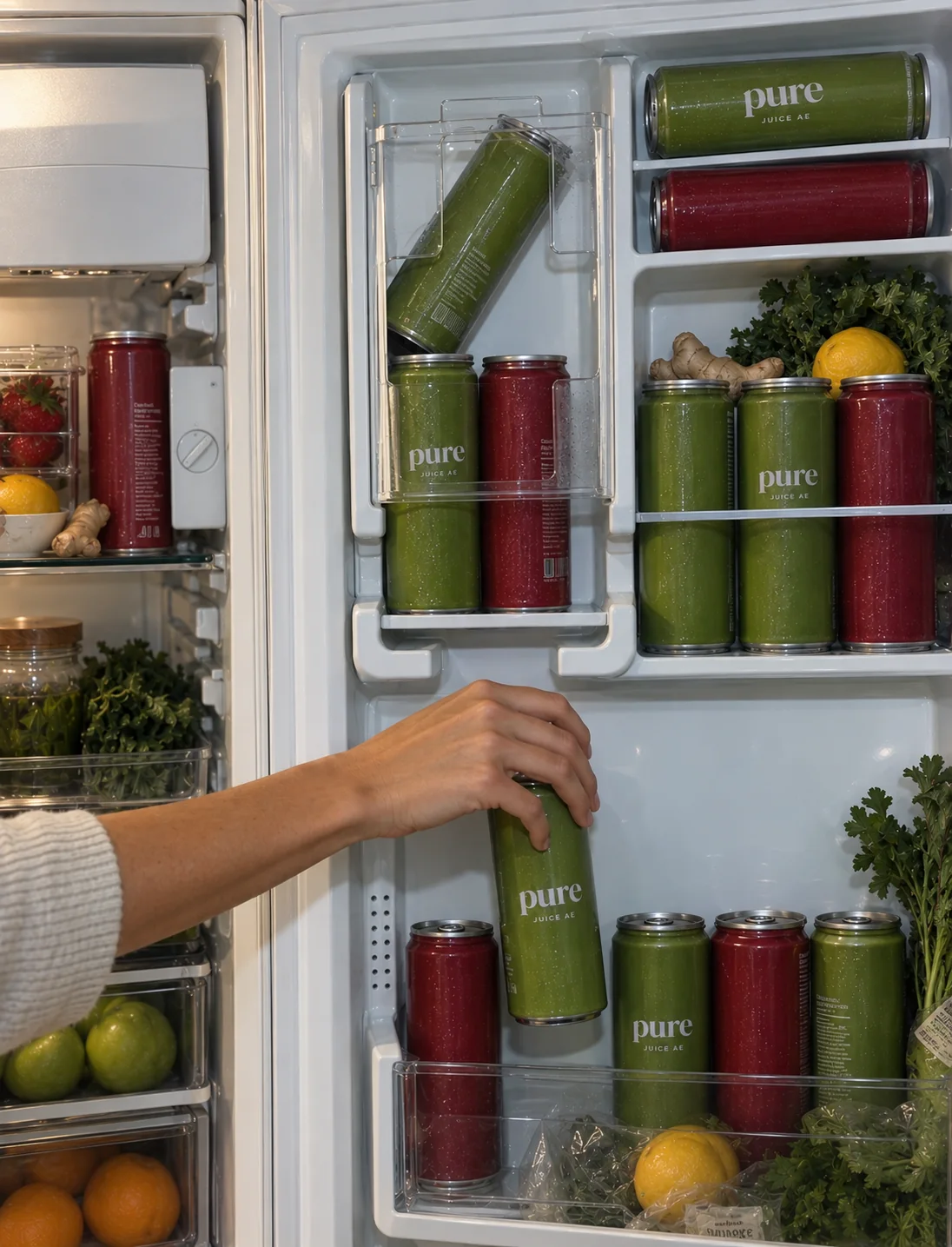 A hand reaches for a green Pure juice from a fridge full of colourful juices