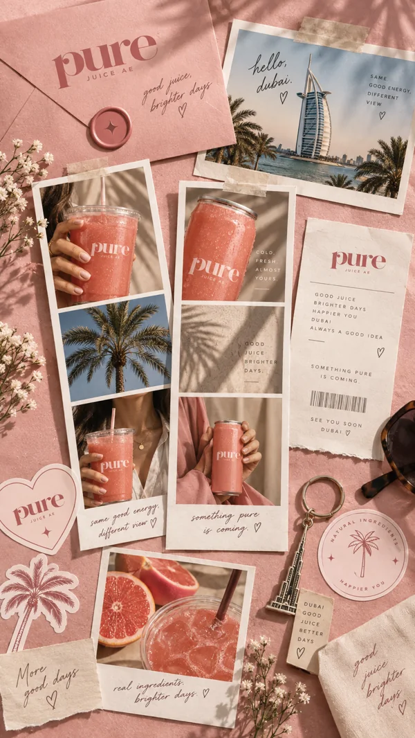 Pure Juice postcards, photographs and sunlit pink stationery